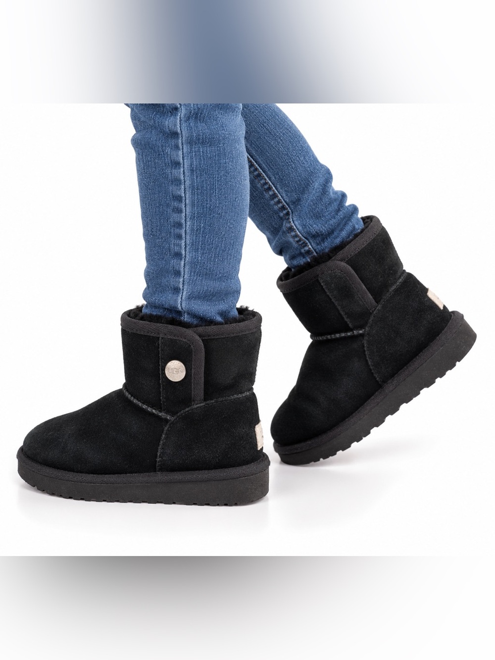 UGG Jona Mini Button Boots Kids Size 13 Black Suede Shearling Winter 1118890K